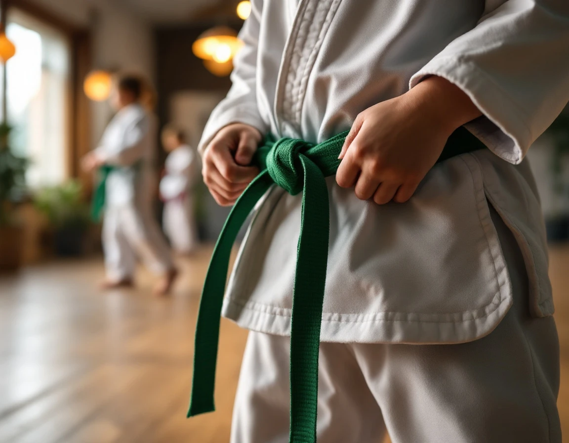Child tying green martial arts belt around white gi during karate class with wooden dojo floor visible
