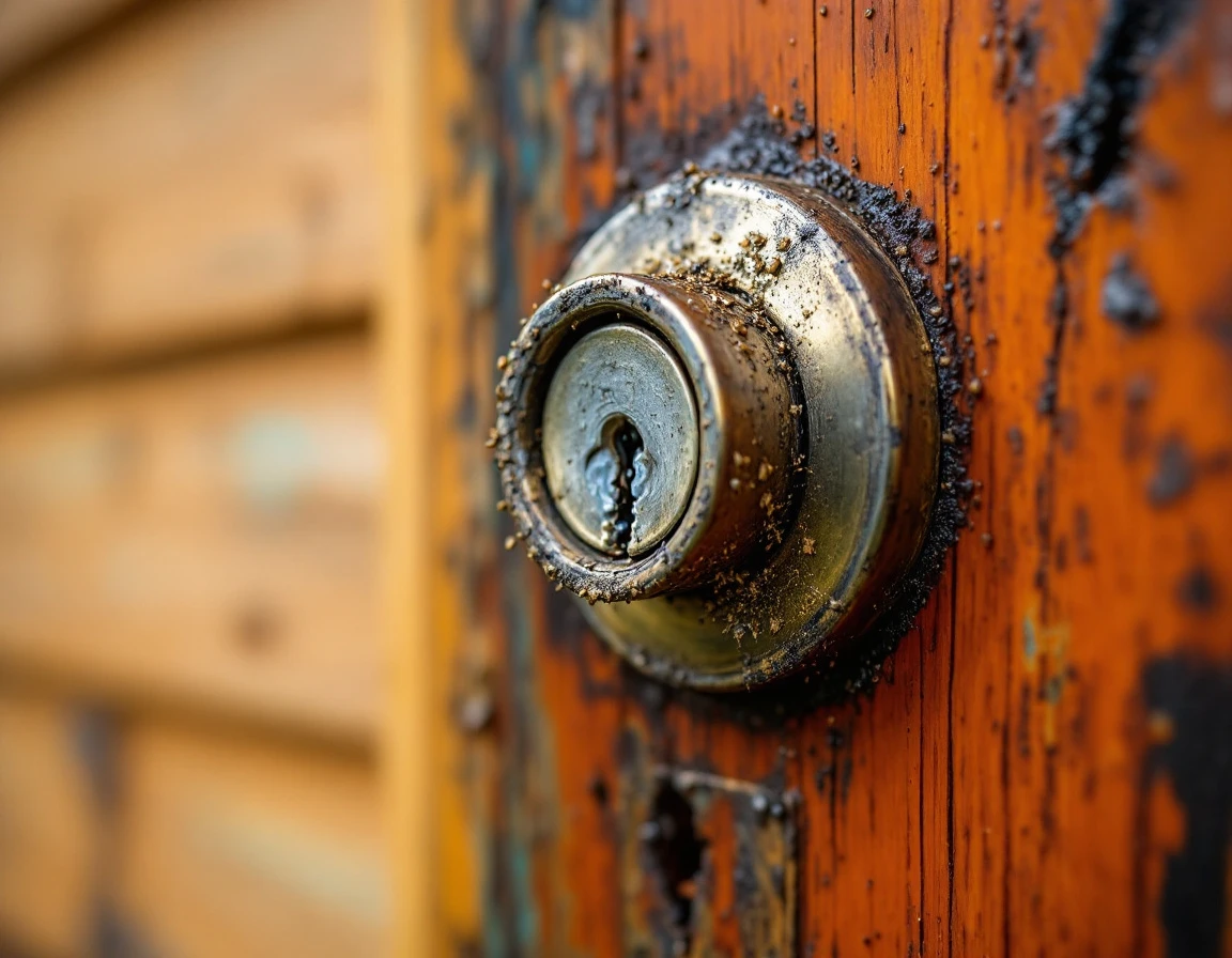 Damaged door lock cylinder with scratches and metal shavings from improper DIY lock picking attempt