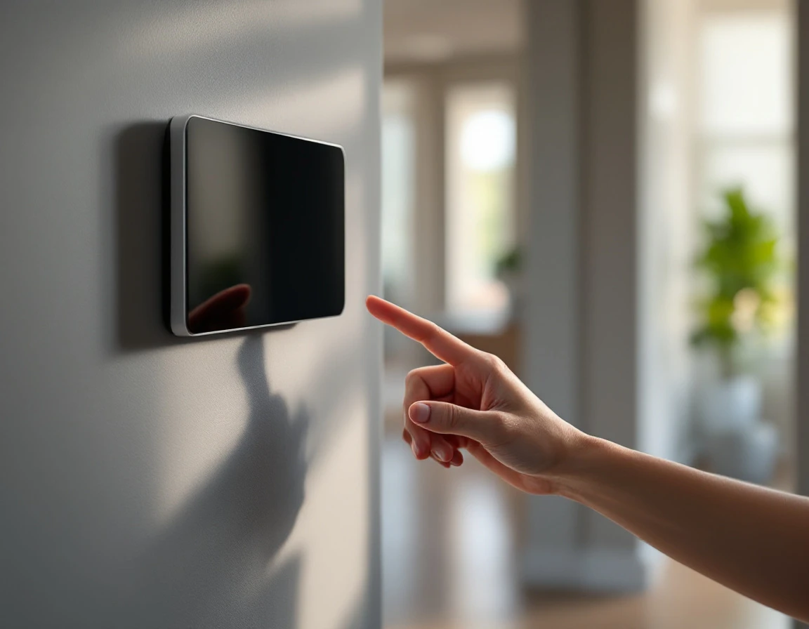 Hand reaching toward wall-mounted security panel in modern home entryway with dark reflective screen