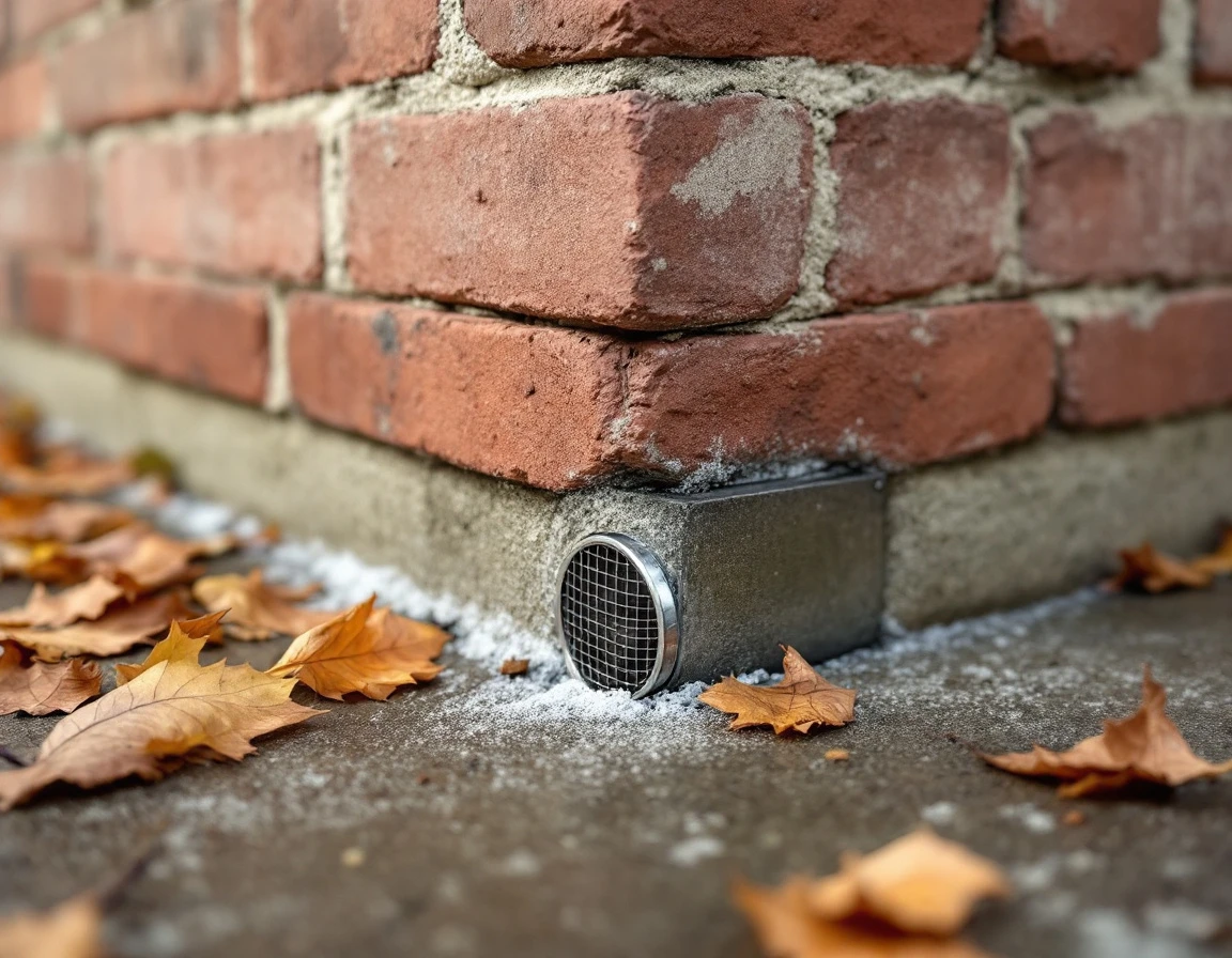 Foundation corner showing sealed gaps, mesh vent cover, and rodent exclusion materials preventing entry points
