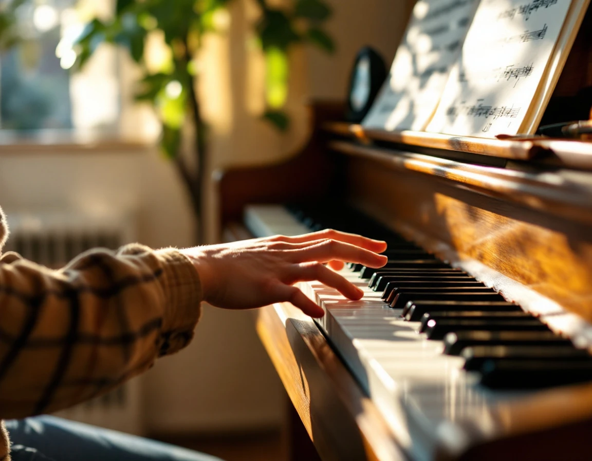 Piano practice session showing hands on keyboard with sheet music and metronome in warm home studio setting