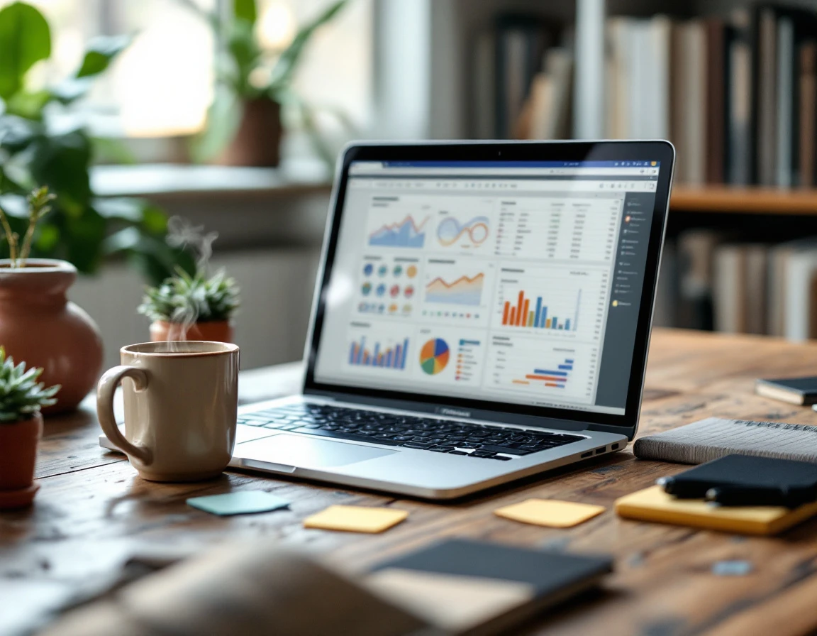 Laptop displaying analytics data on wooden desk with coffee and workspace materials in natural morning light