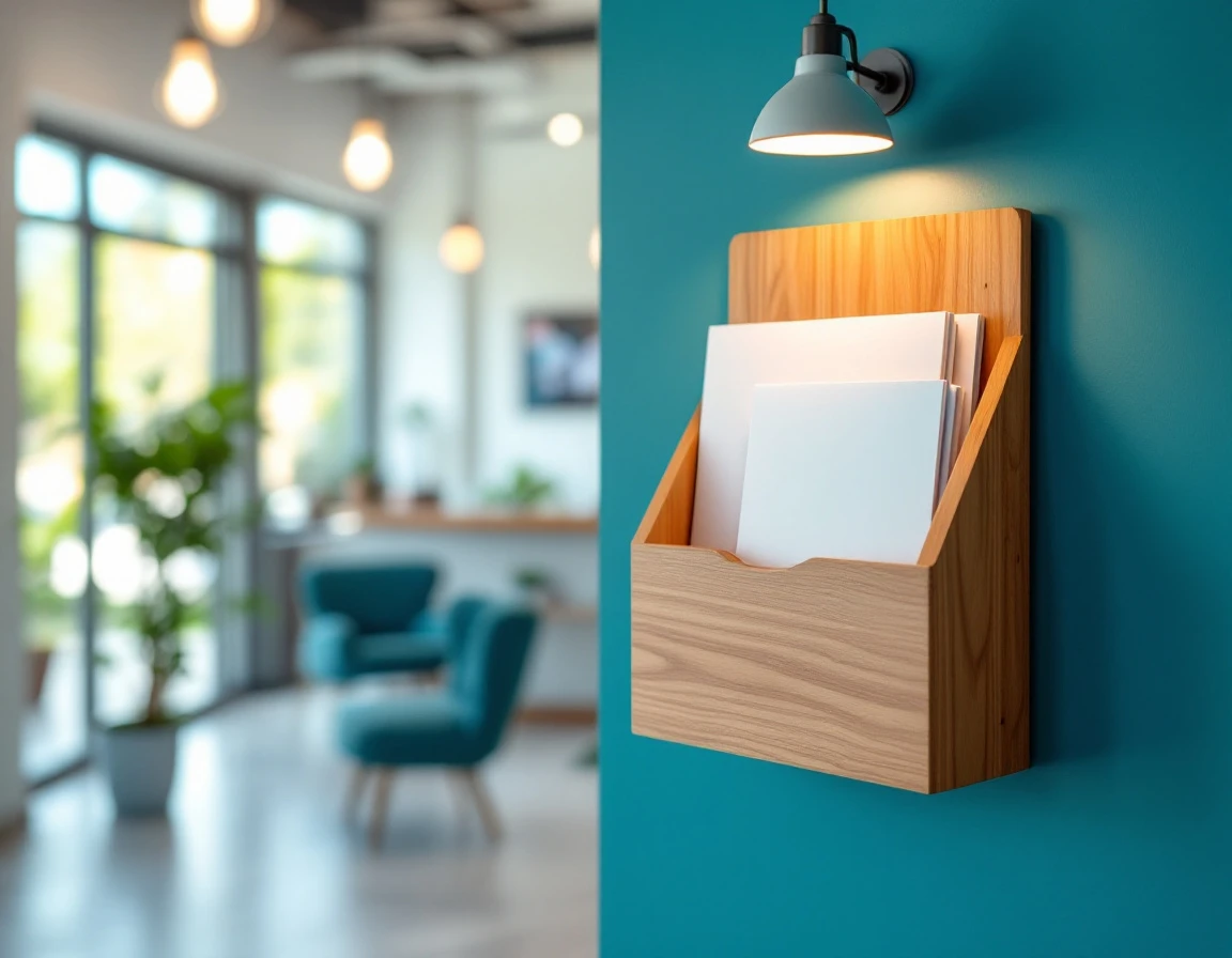 Wall-mounted wooden holder displaying veterinary educational materials in modern clinic waiting area