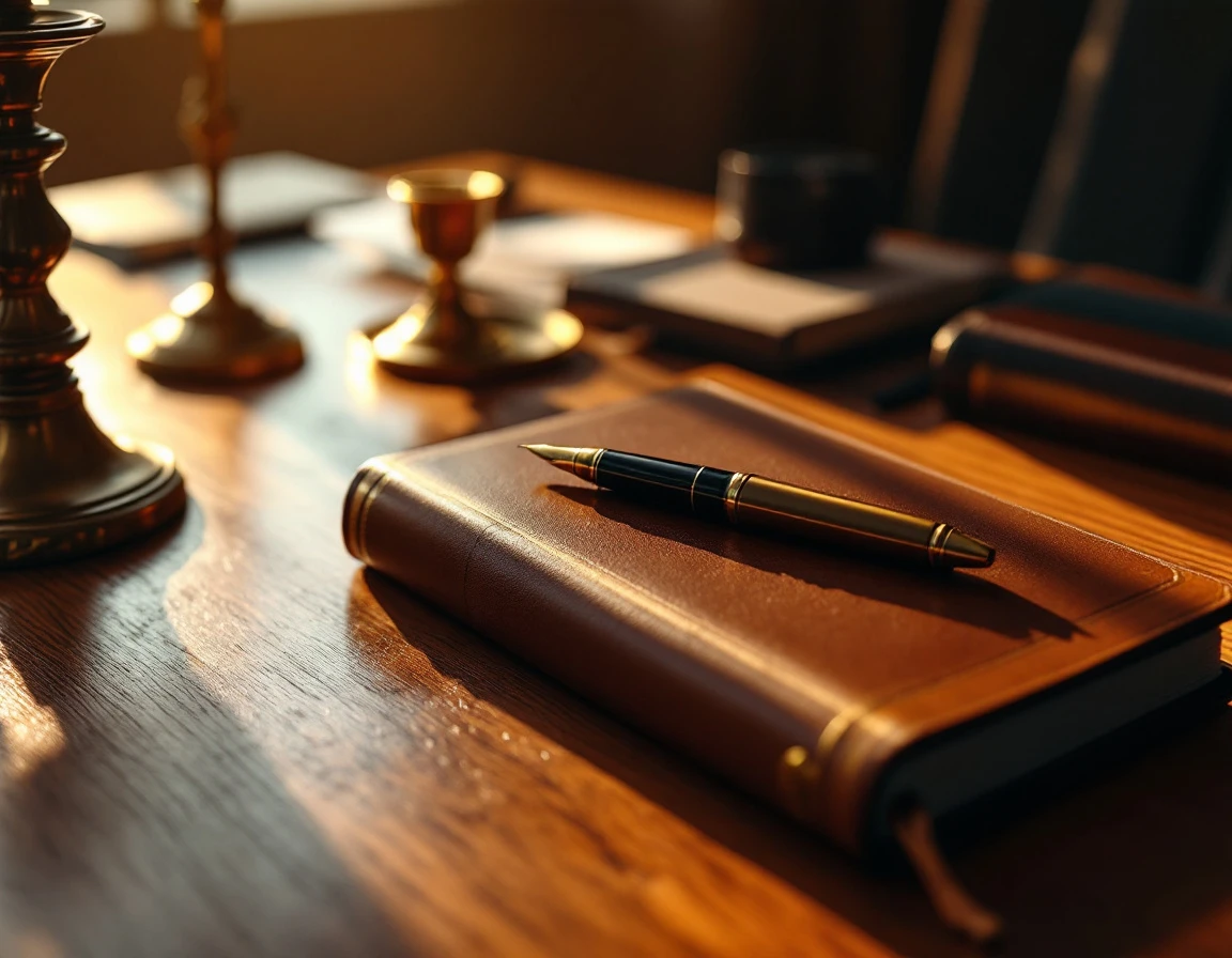 Professional desk with leather journal and brass accessories in warm natural lighting