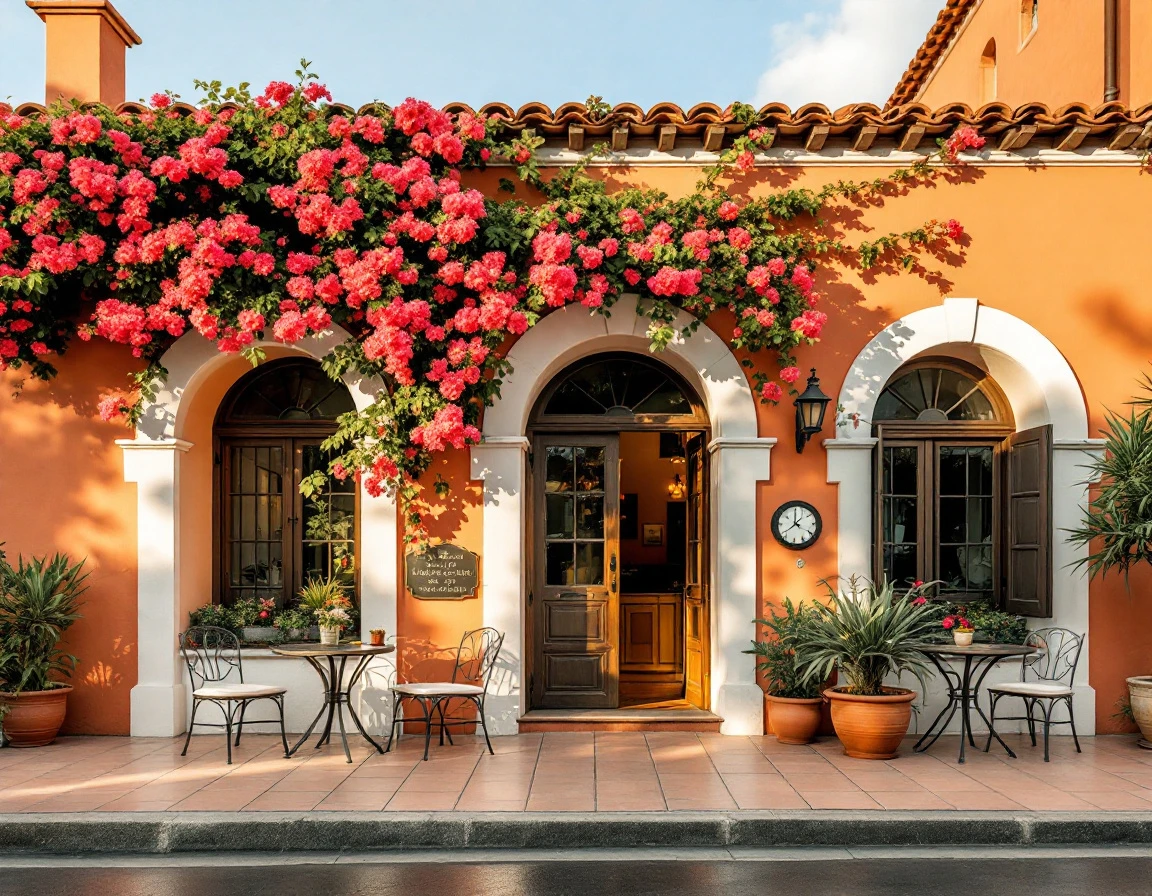 Spanish Colonial boutique hotel with terracotta walls, wrought-iron balconies, and courtyard café seating