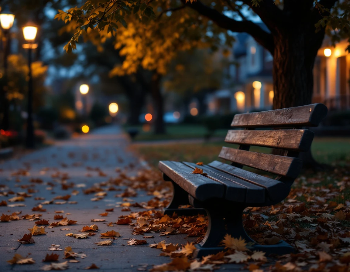 Empty park bench at dusk with autumn leaves, illuminated by street lamp in quiet residential neighborhood