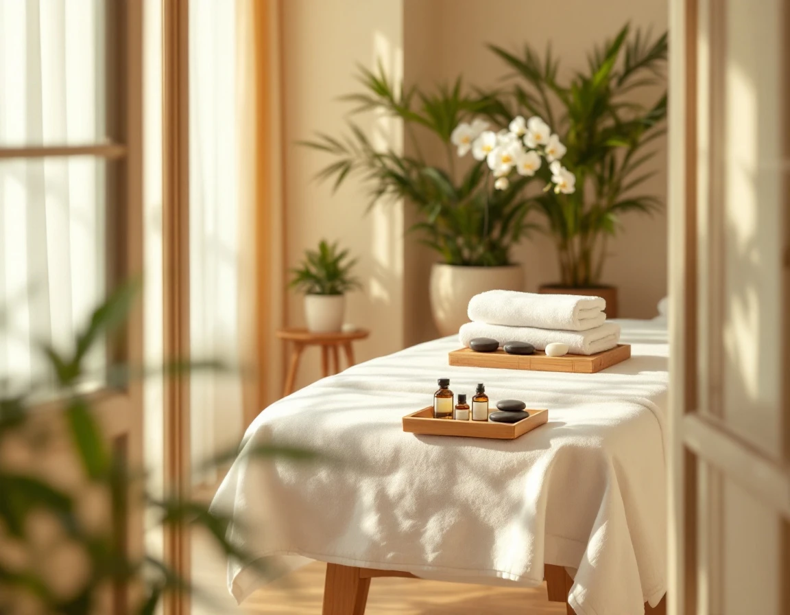 Spa massage room with white linens, heated stones, and aromatherapy oils prepared for summer wellness treatments