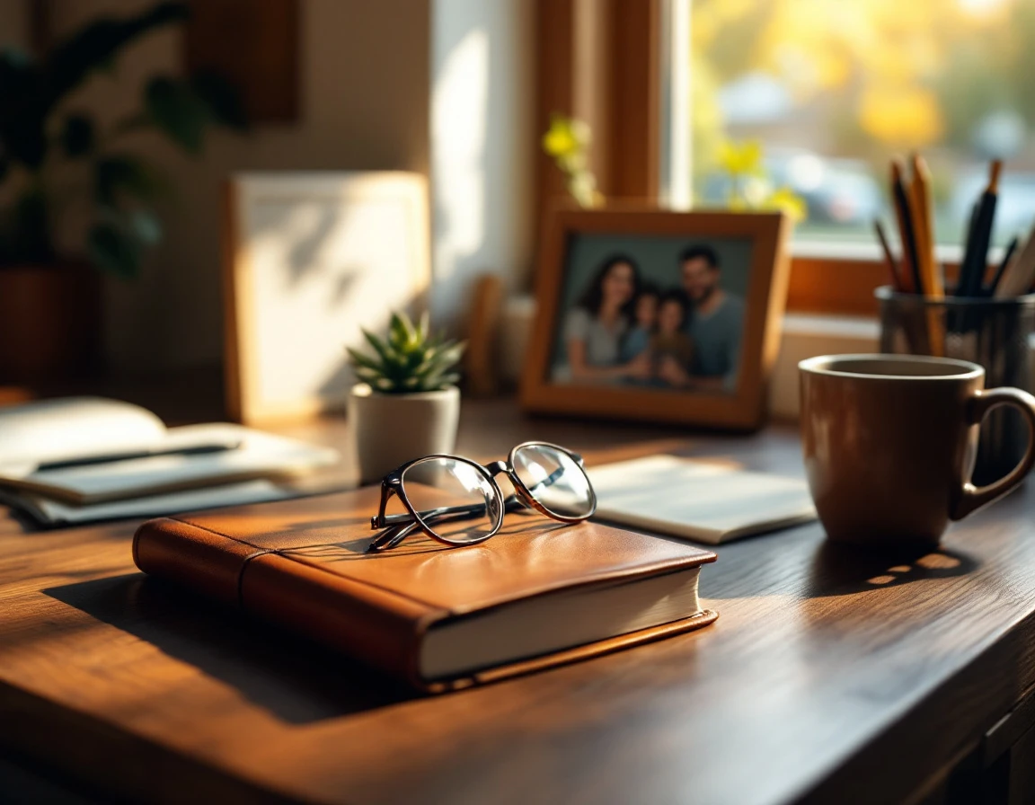 Peaceful home office desk with notebook, family photo, and morning light from window