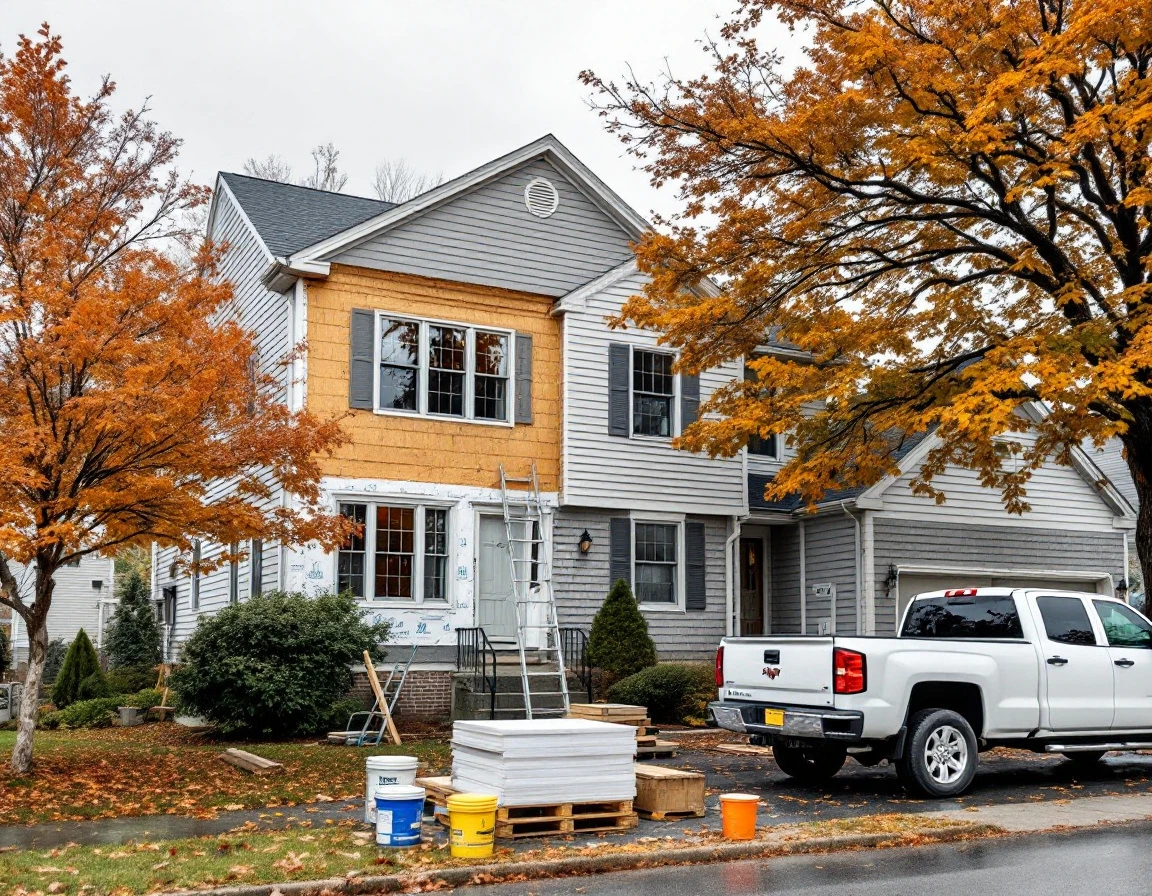 Colonial home with siding removal showing construction materials and equipment during mid-renovation