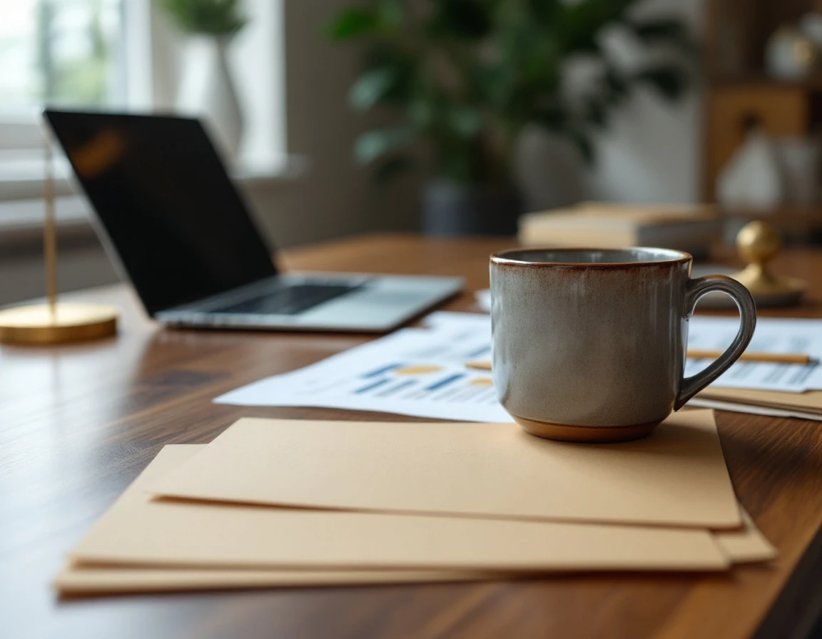 Real estate agent's desk with market analysis folders and morning coffee in natural window light