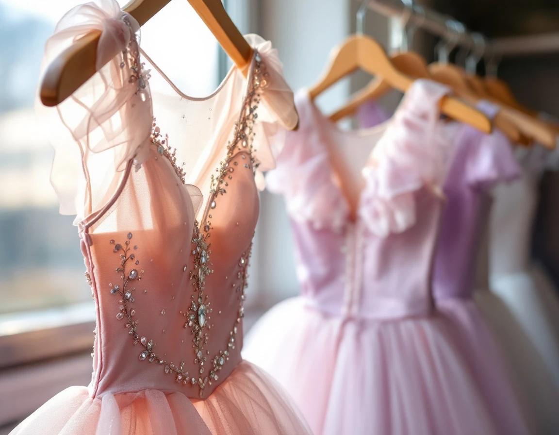 Ballet recital costume with pink tulle and sequins hanging in natural window light showing fabric texture detail