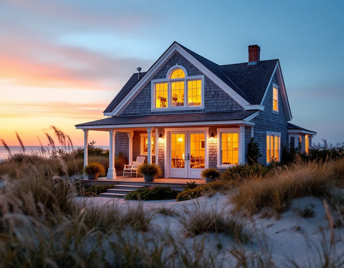 Coastal vacation rental cottage with warm interior lighting at dusk overlooking beach
