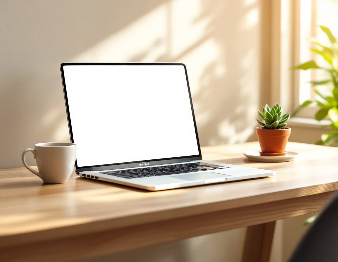 Clean desk workspace with laptop and coffee mug in natural morning light