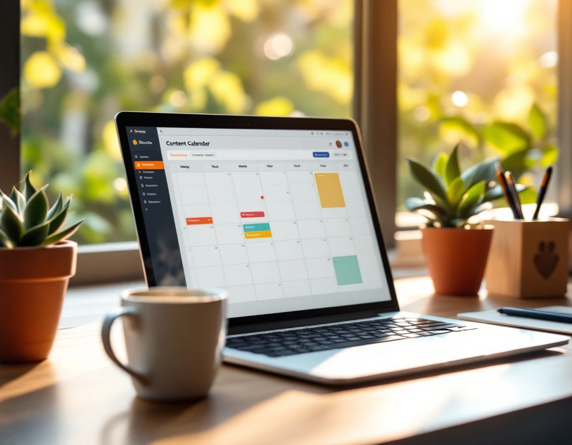 Laptop displaying content calendar on wooden desk with coffee and succulent plant in natural morning light