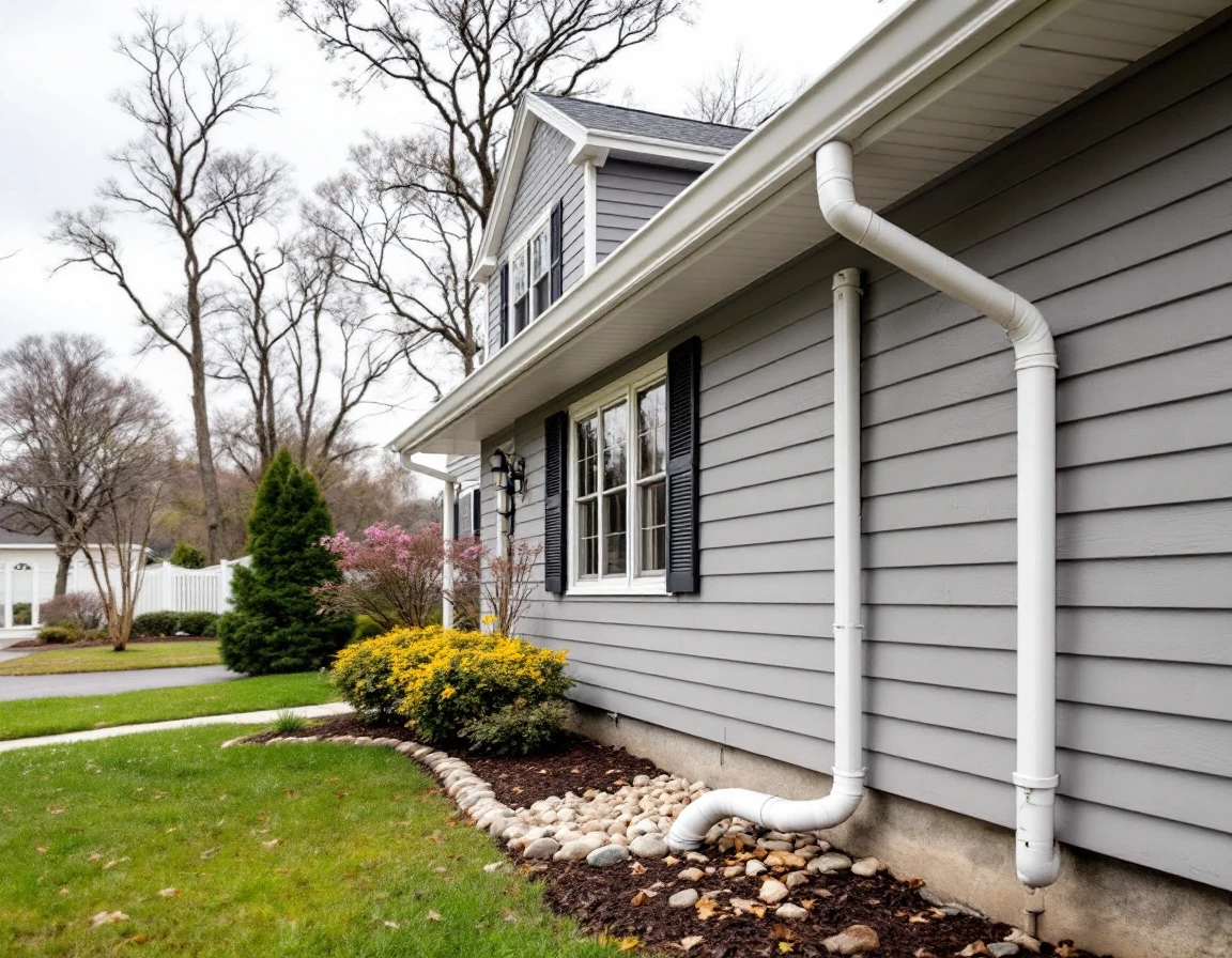 Residential home with clean gutters, visible downspouts, and proper drainage landscaping on overcast spring day