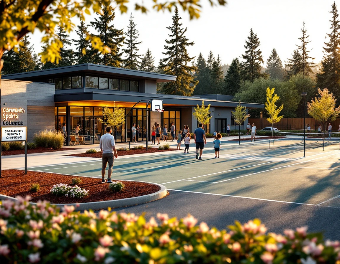 Community sports facility exterior with basketball and tennis courts during spring registration season
