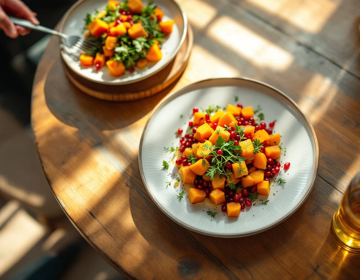 Overhead view of seasonal autumn dish with butternut squash and pomegranate on restaurant table