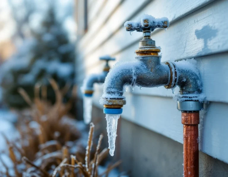 Frost-covered outdoor faucet and exposed pipes on home exterior showing winter freeze damage vulnerability