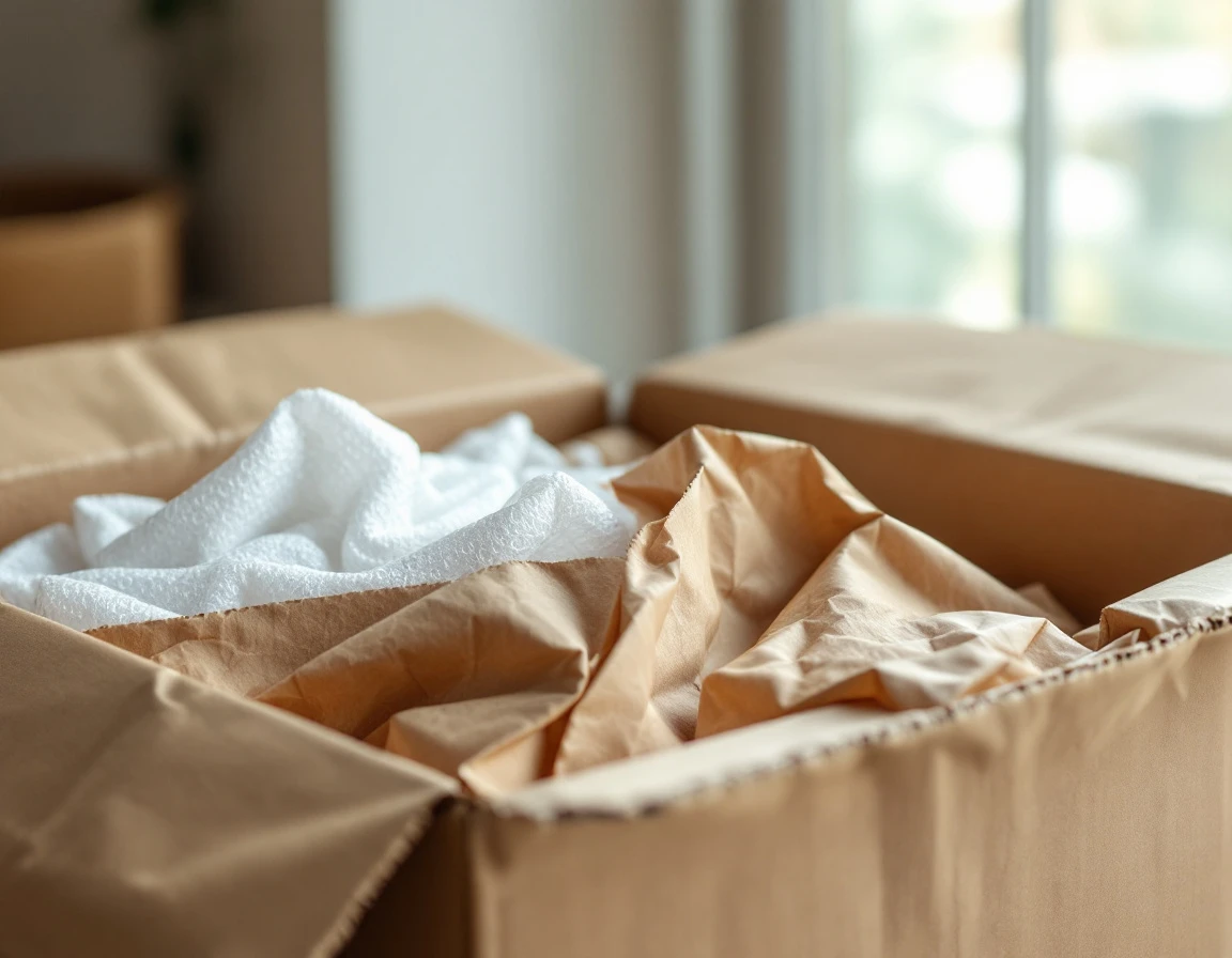 Cardboard boxes filled with kraft paper and bubble wrap packing materials in natural window light