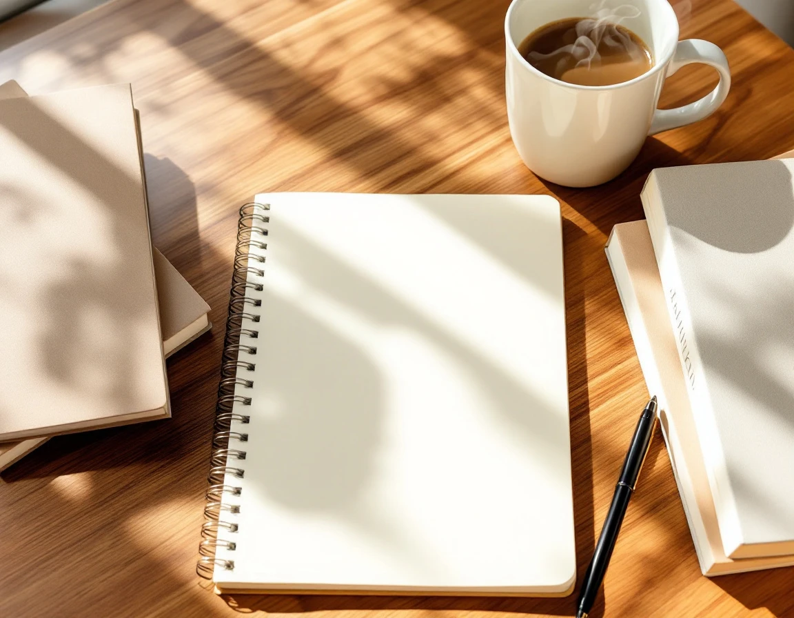 Workspace desk with blank notebook, pen, and coffee mug in natural morning light for content planning