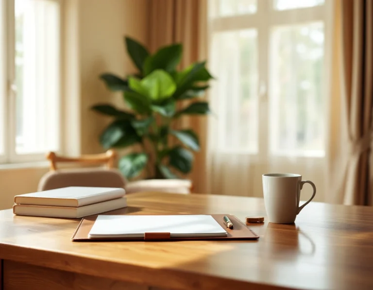 Organized home office workspace with natural lighting and plants, creating calm environment for family healthcare research