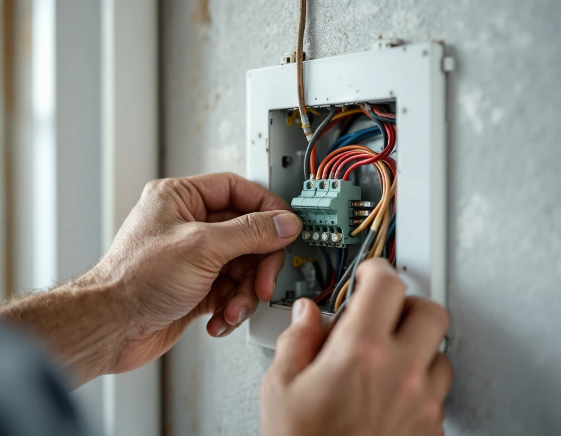 Technician hands connecting wiring to smart security panel in residential electrical box