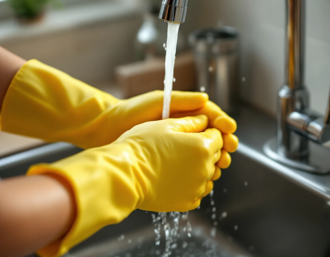 Hands in yellow rubber gloves rinsing under kitchen sink water to protect manicured nails during household chores
