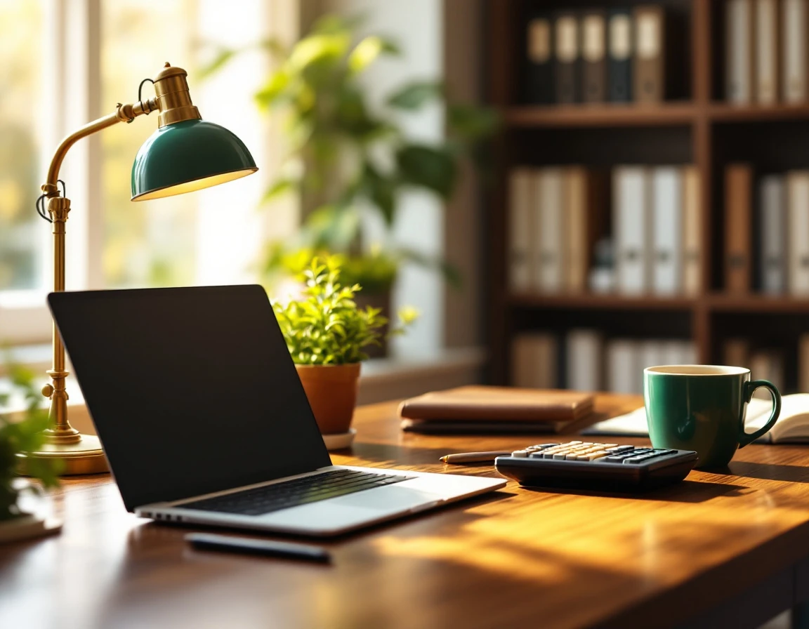 Professional accounting desk with laptop, calculator, and office supplies during autumn tax planning season