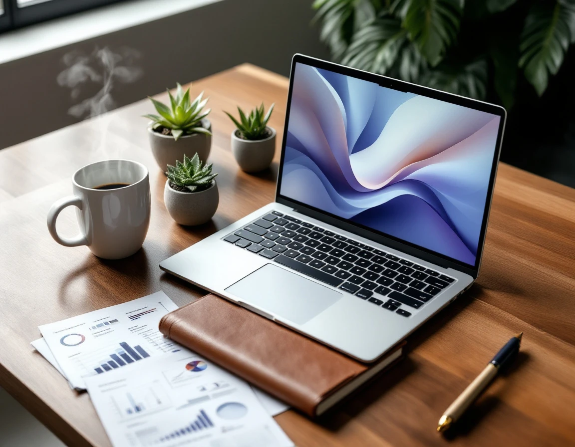 Business workspace with laptop, coffee, and blurred analytics documents on wooden desk