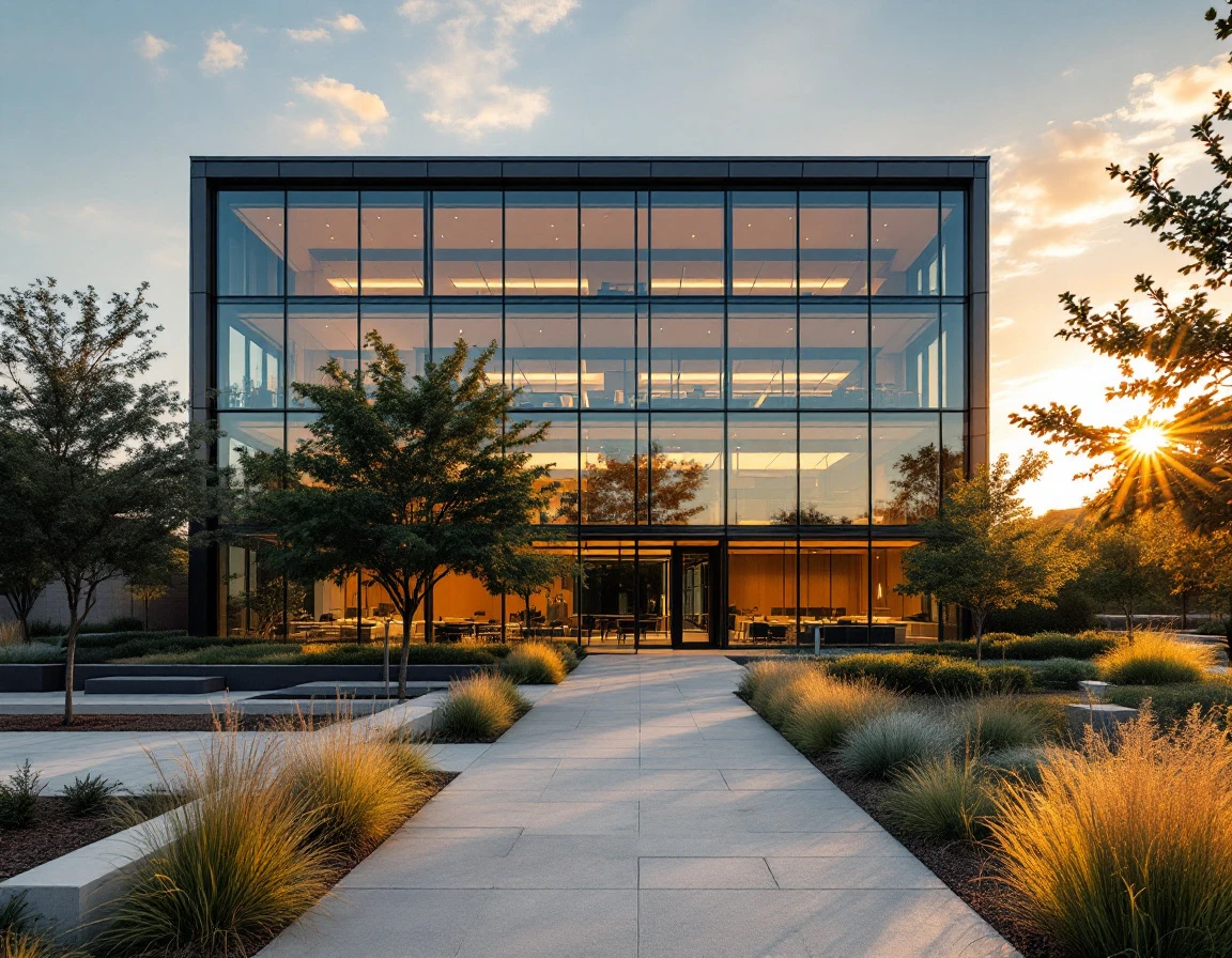 Modern technology services office building exterior with glass facade and contemporary architectural design