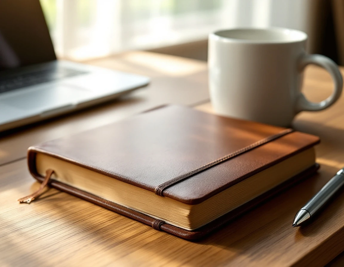 Closed journal with coffee and pen on wooden desk suggesting research and decision-making process