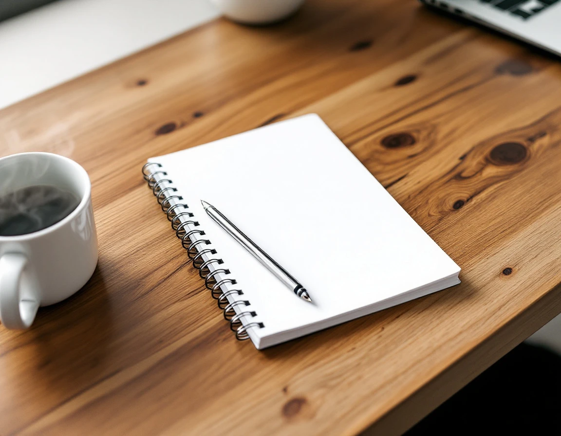 Blank notebook and coffee on wooden desk representing strategic content planning workspace