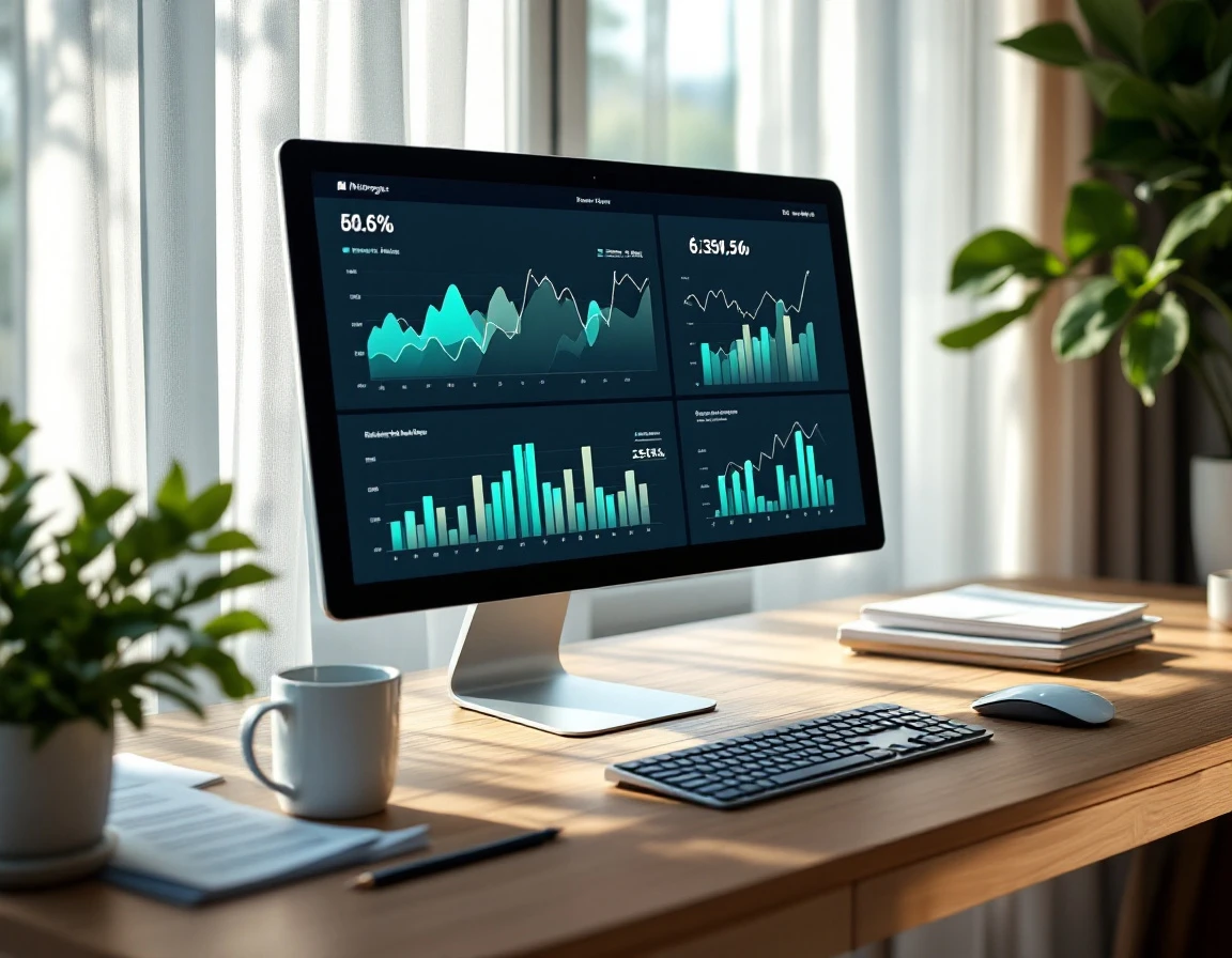 Desktop monitor displaying financial rate charts in modern home office workspace with natural lighting