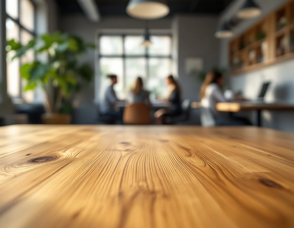 Oak desk surface in modern office with blurred team members collaborating in background