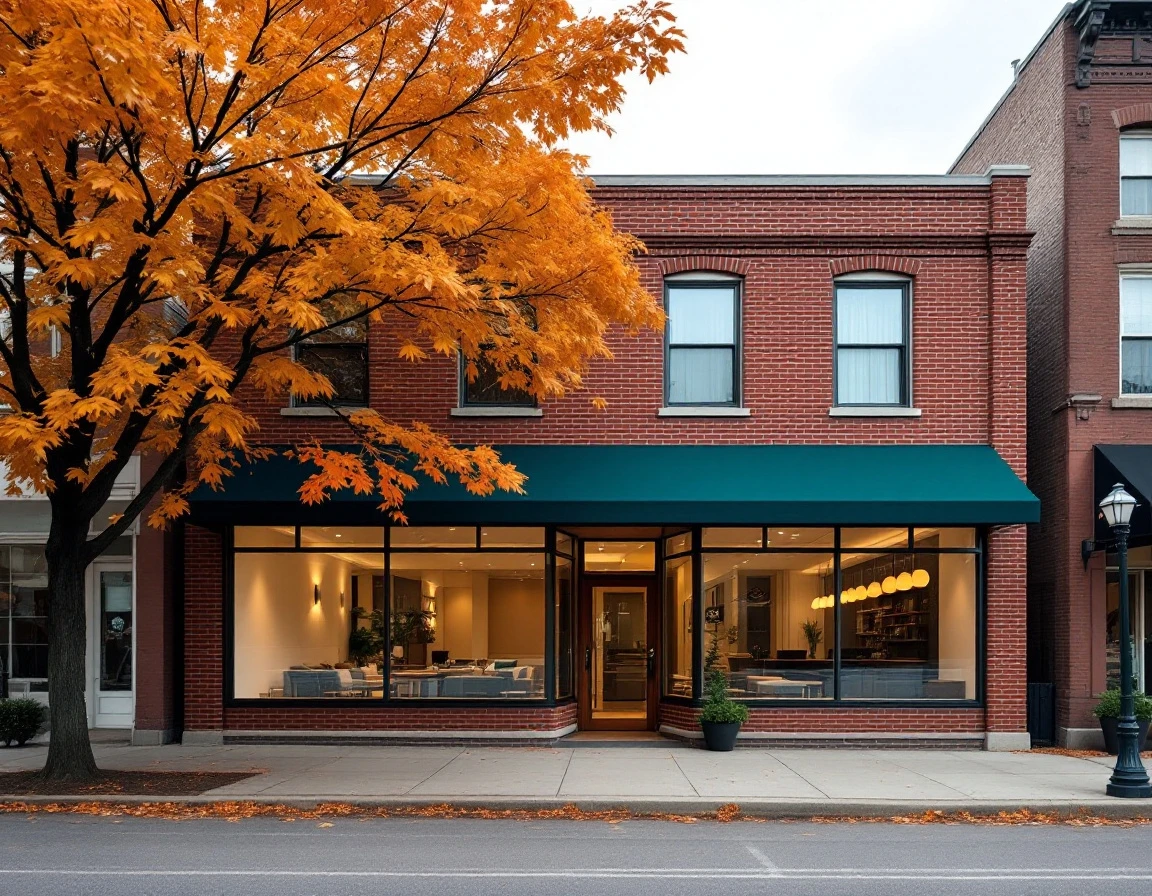 Brick insurance office building with autumn foliage and professional storefront architecture