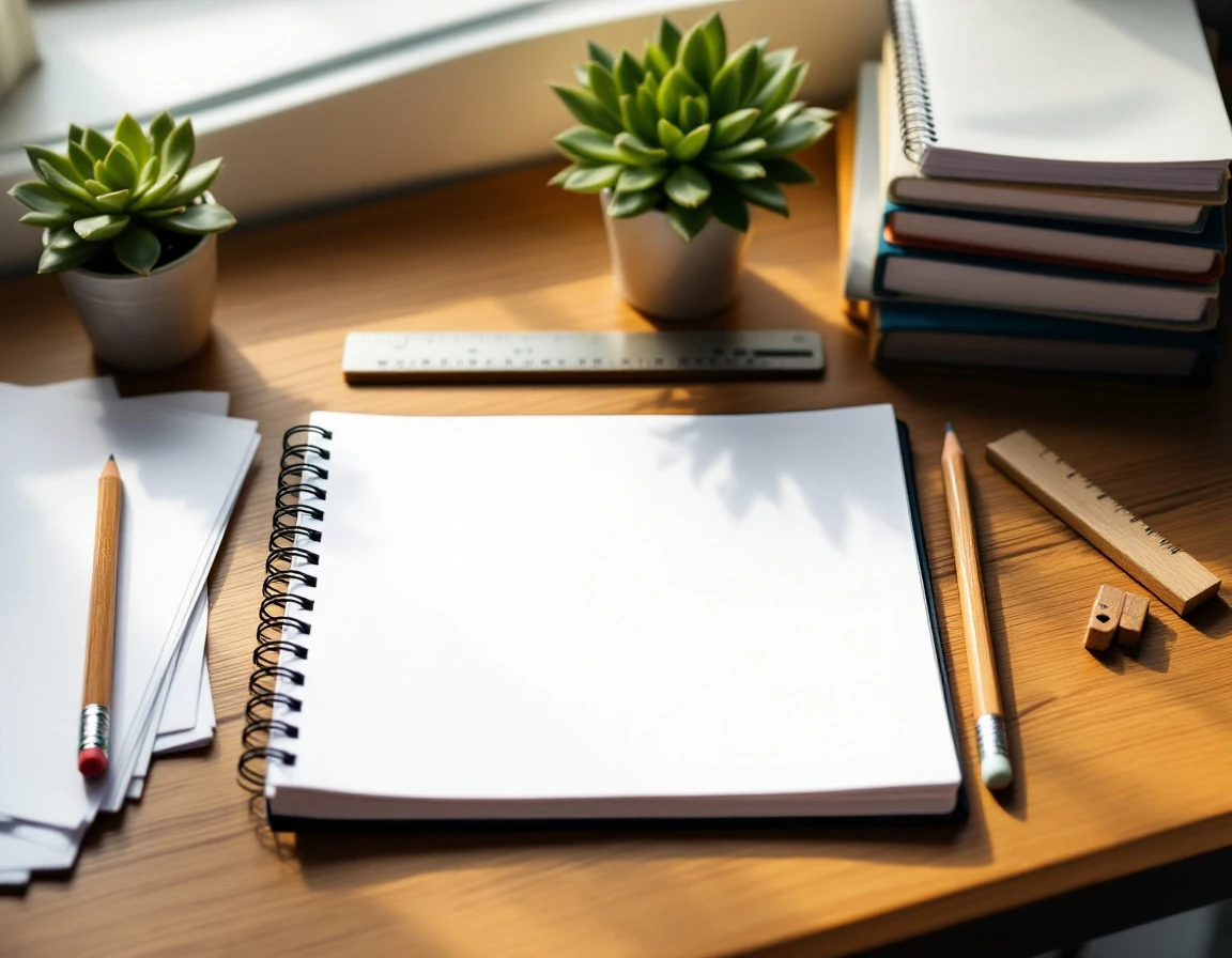 Clean wooden desk with blank notebook, pencils, and study materials in natural lighting for tutoring workspace