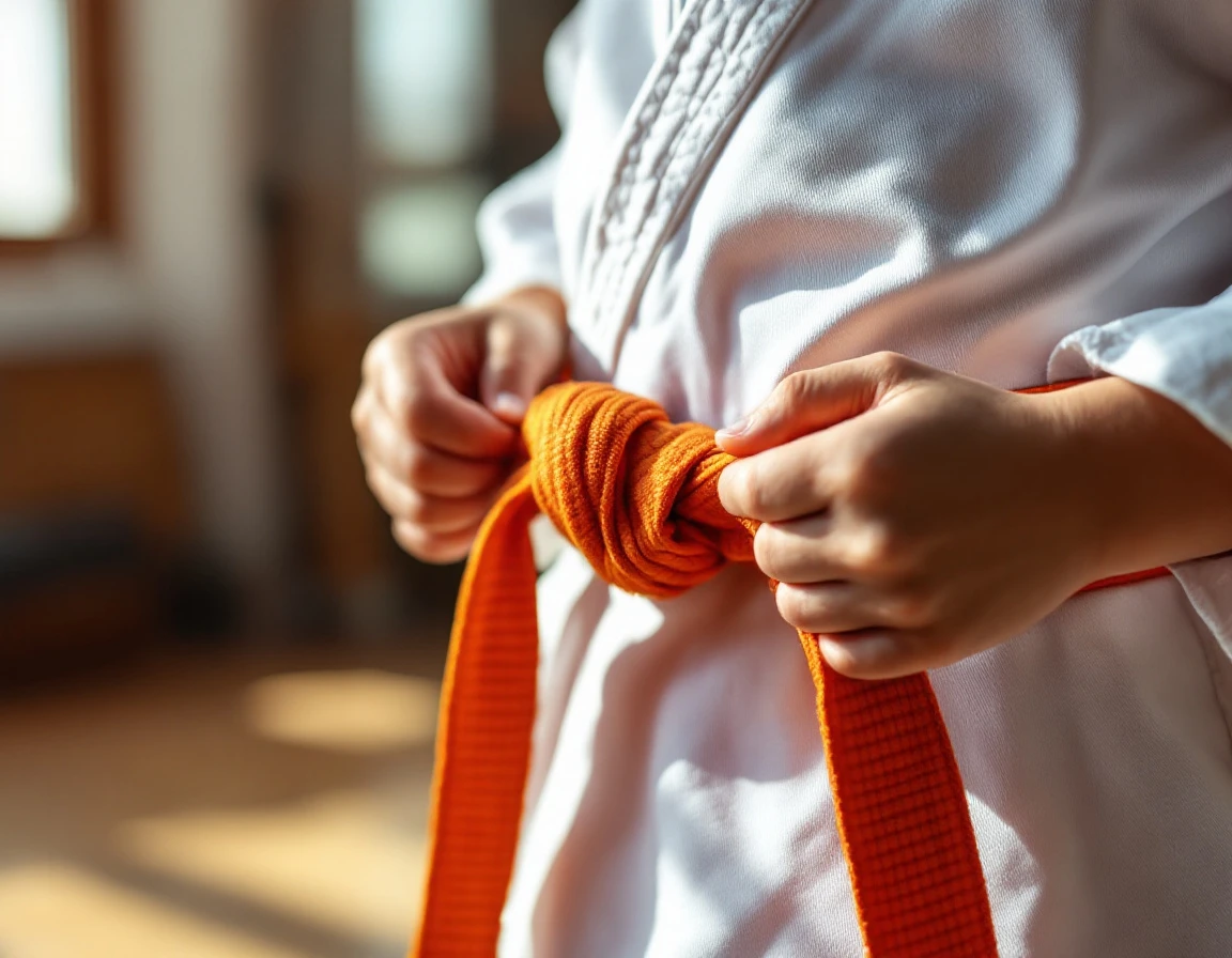 Child's hands tying orange karate belt around white gi uniform in natural dojo lighting