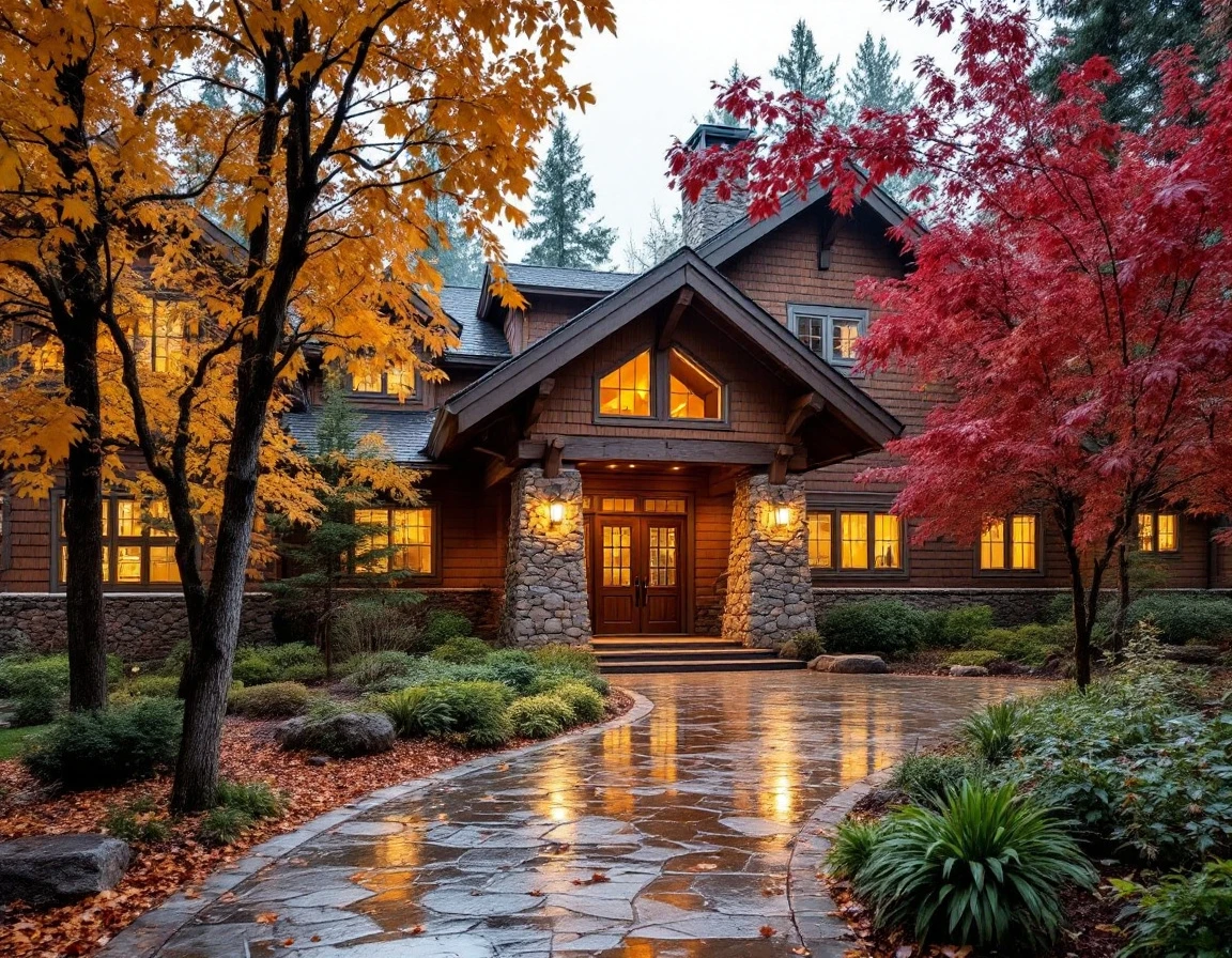Mountain lodge entrance with stone pathway and autumn foliage during shoulder season