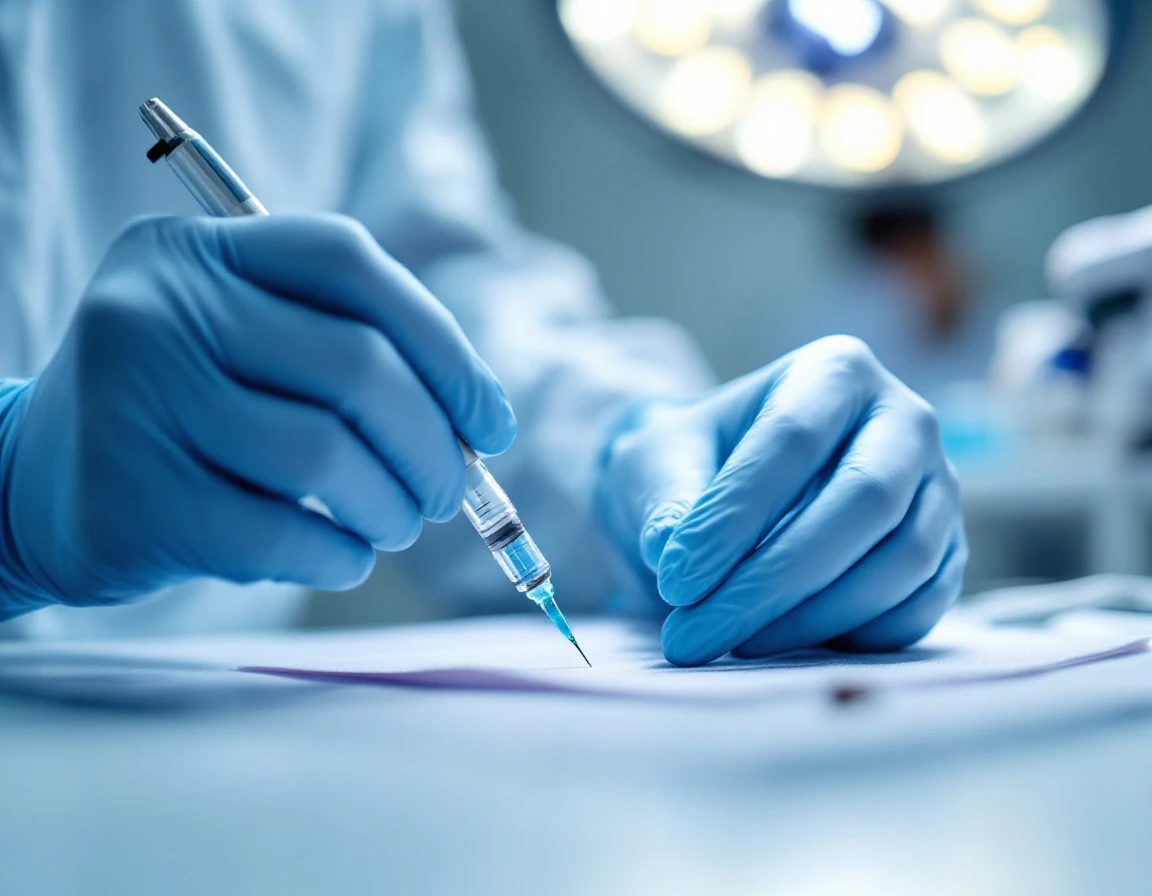 Medical professional preparing precision injection equipment in sterile clinical setting