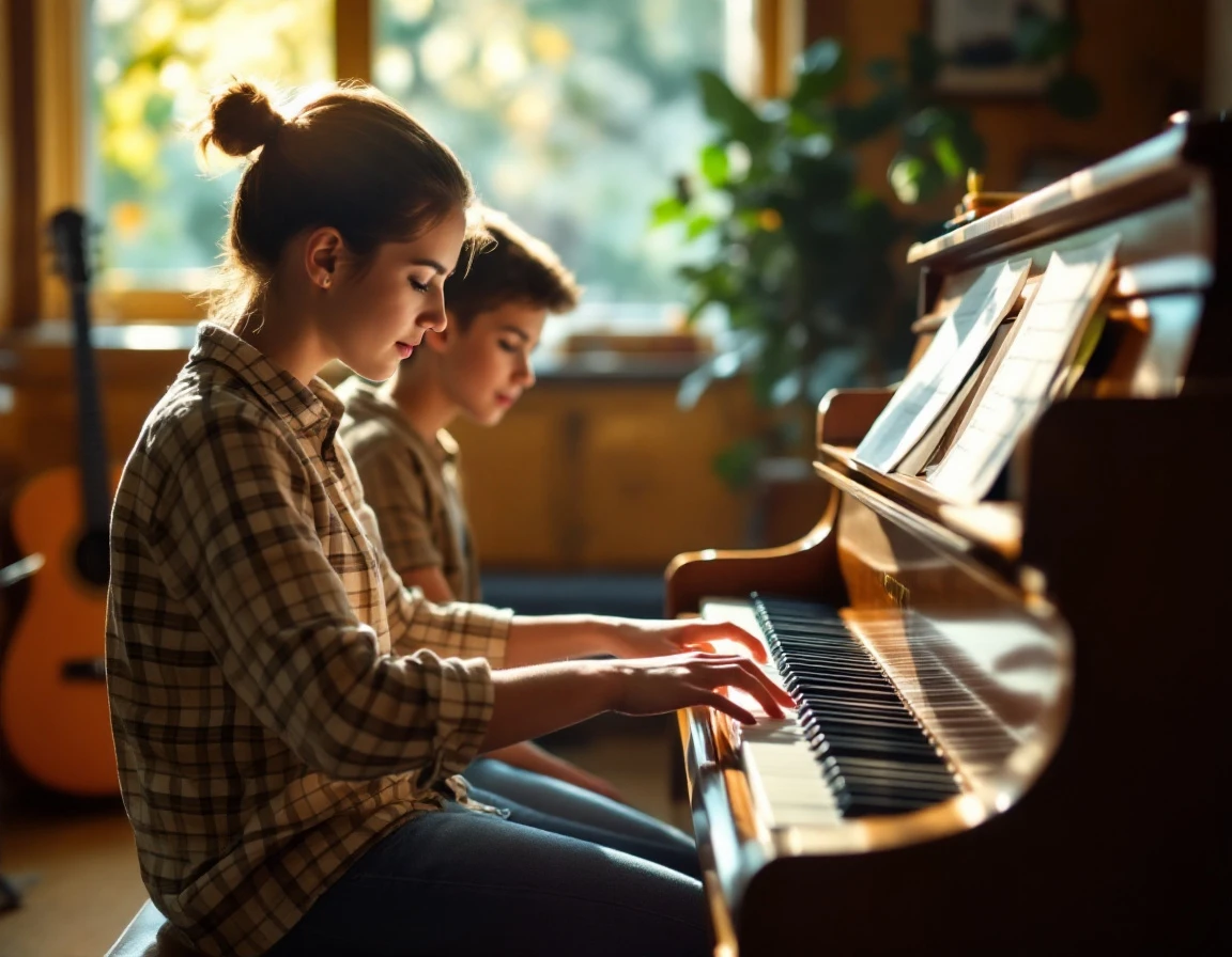 Teacher guiding student's hand position during one-on-one piano lesson in warm home studio setting