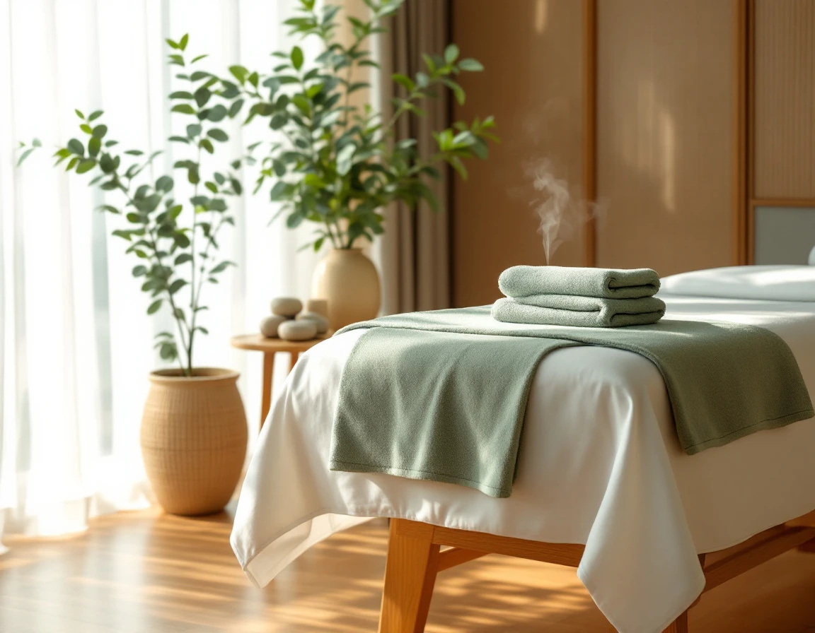 Spa treatment room with massage table, fresh linens, eucalyptus, and natural lighting creating peaceful ambiance