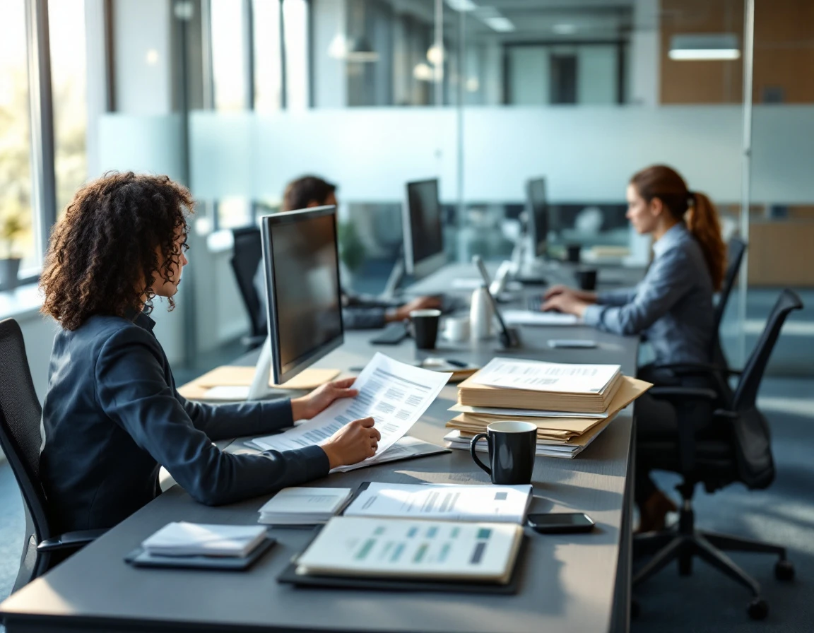 Security professionals reviewing compliance documentation in modern office with natural lighting and organized workspace