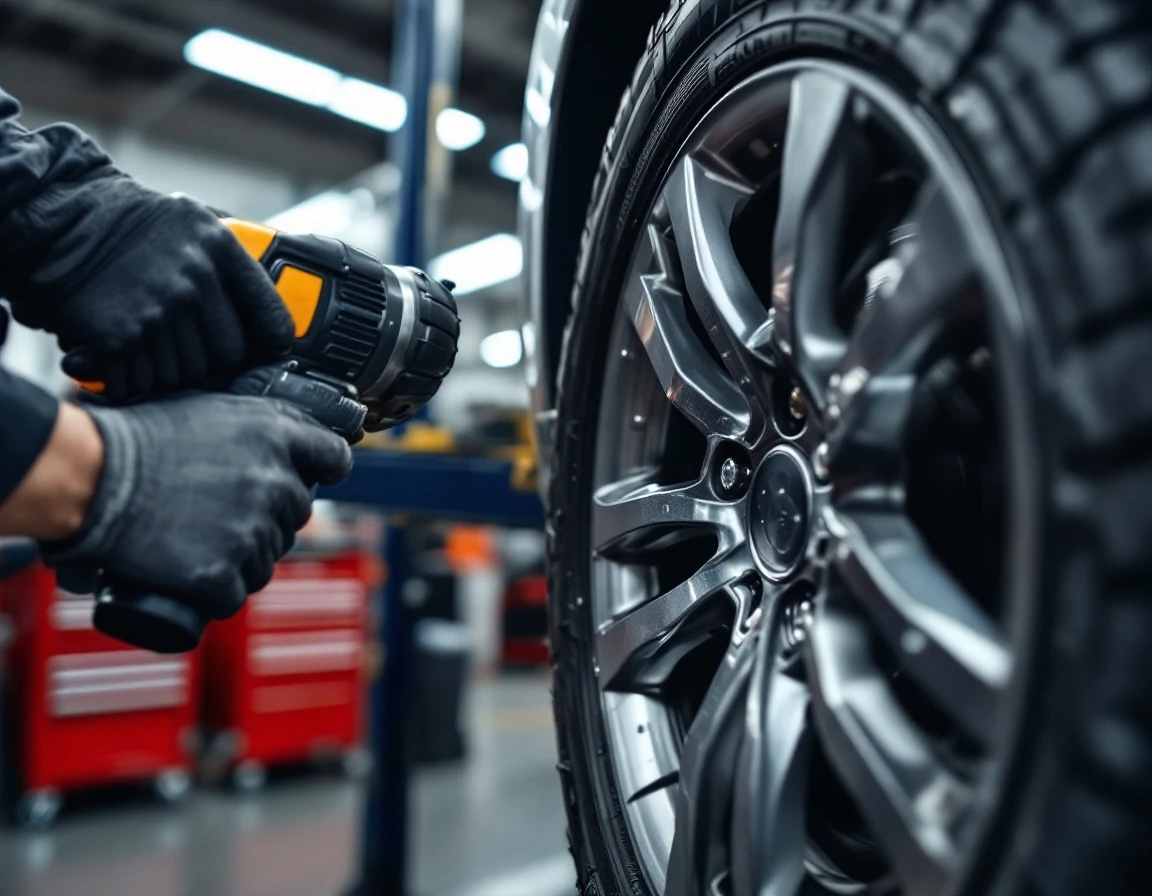 Mechanic installing winter tire with visible deep tread pattern in professional service bay