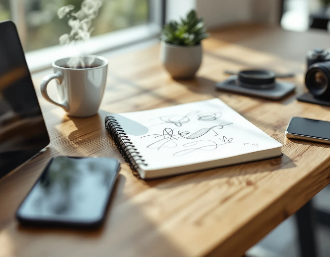 Organized workspace with notebook, laptop, and camera on wooden desk in natural window light