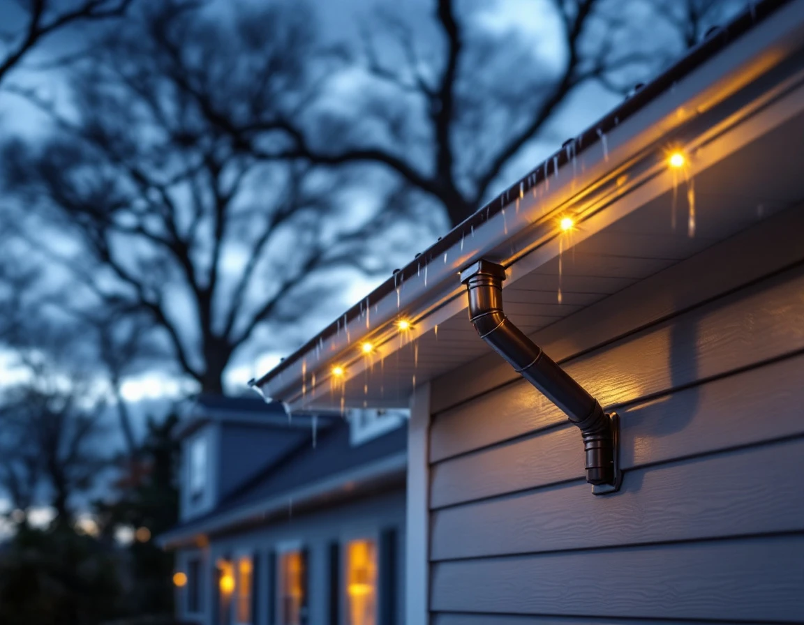 Residential gutter and downspout system on colonial home exterior after evening storm with clearing clouds