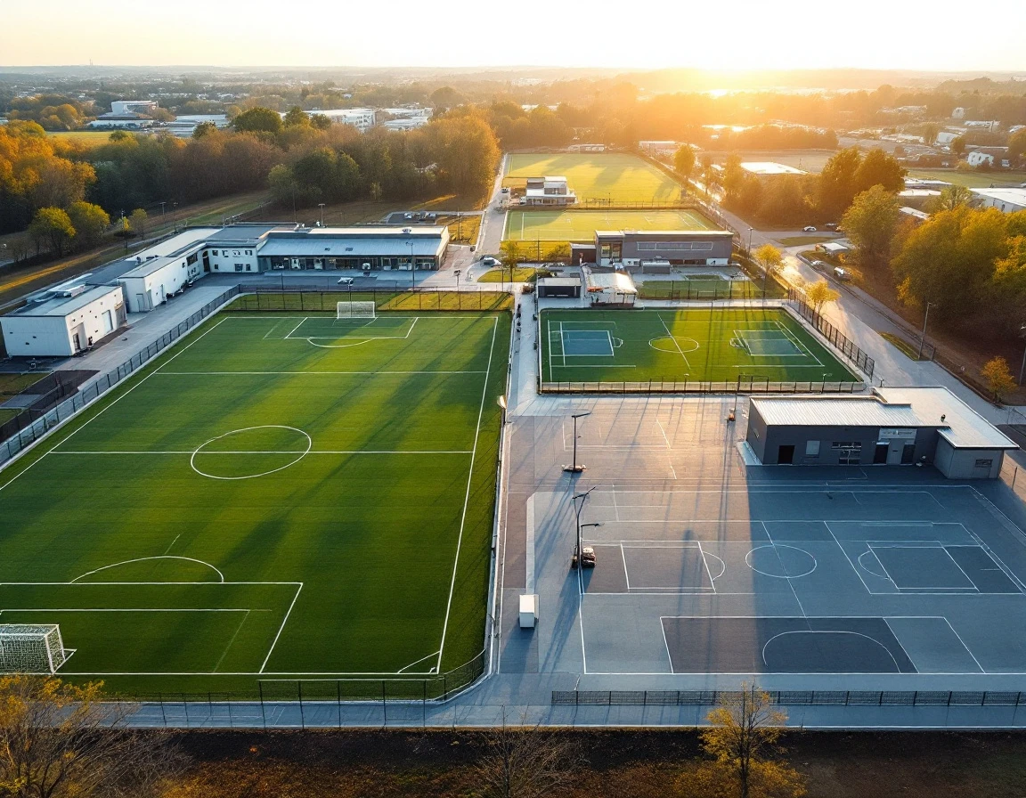 Multi-sport recreation facility with soccer fields and basketball courts during golden hour morning light