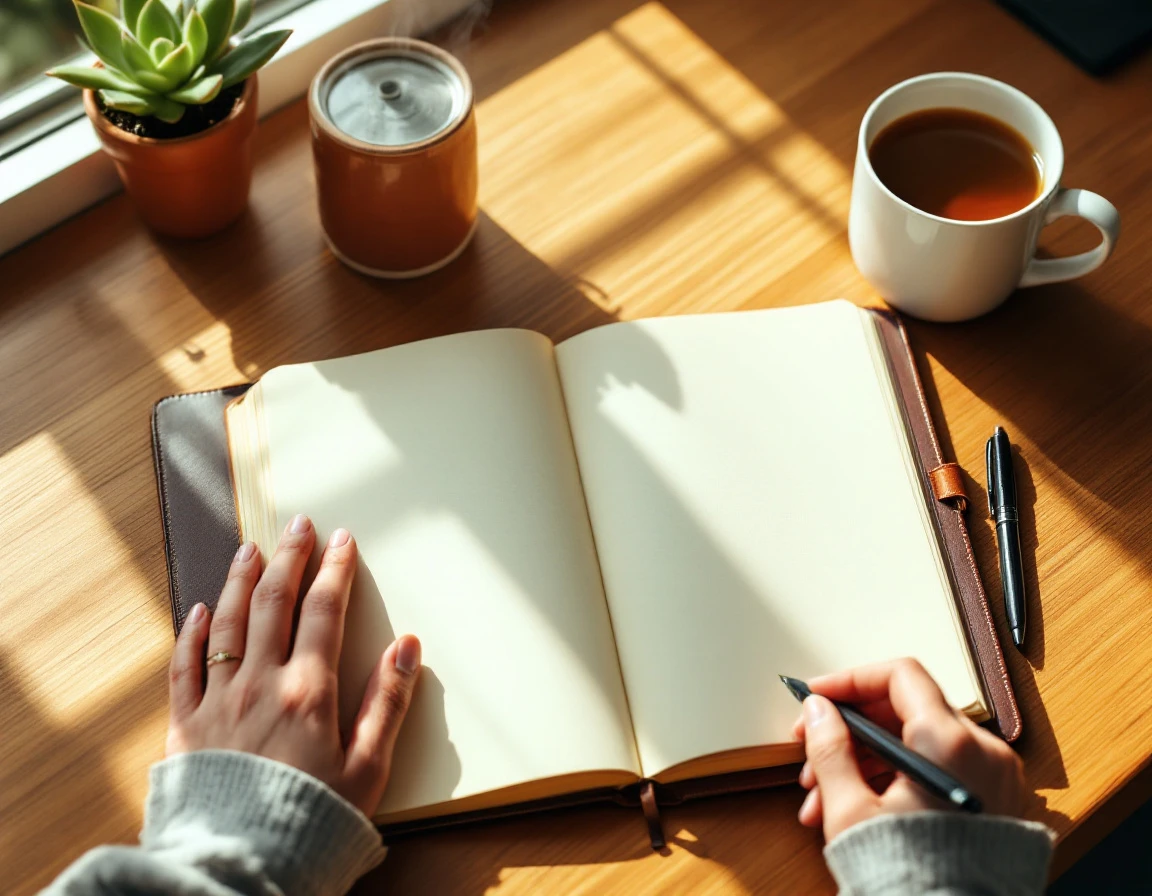 Morning planning setup with blank journal, tea, and natural lighting on wooden desk