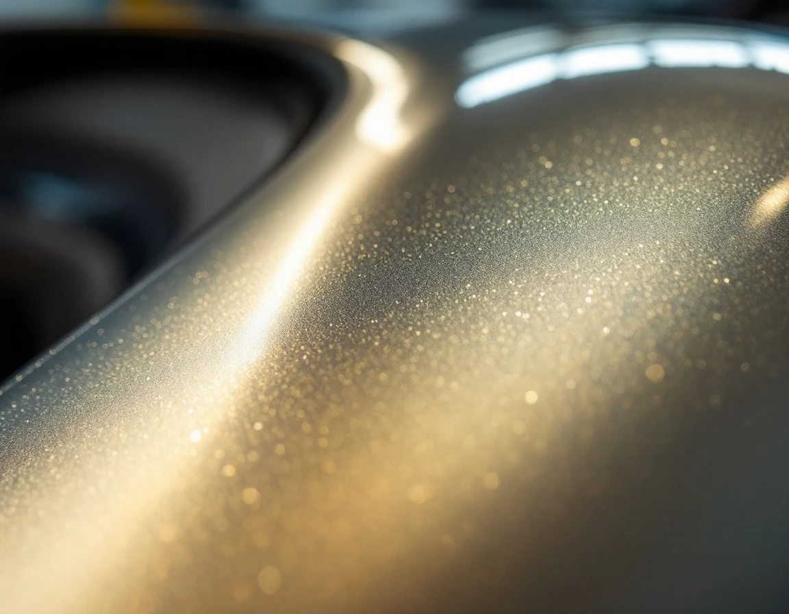 Close-up of professional metallic automotive paint finish showing clearcoat quality and reflection depth