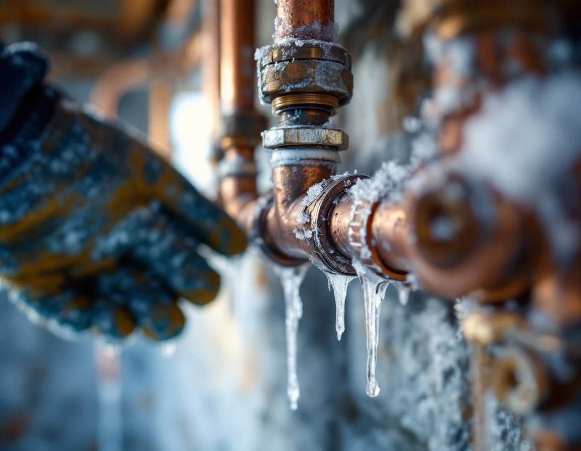 Frost-covered copper pipes with ice formation on joints in cold basement setting