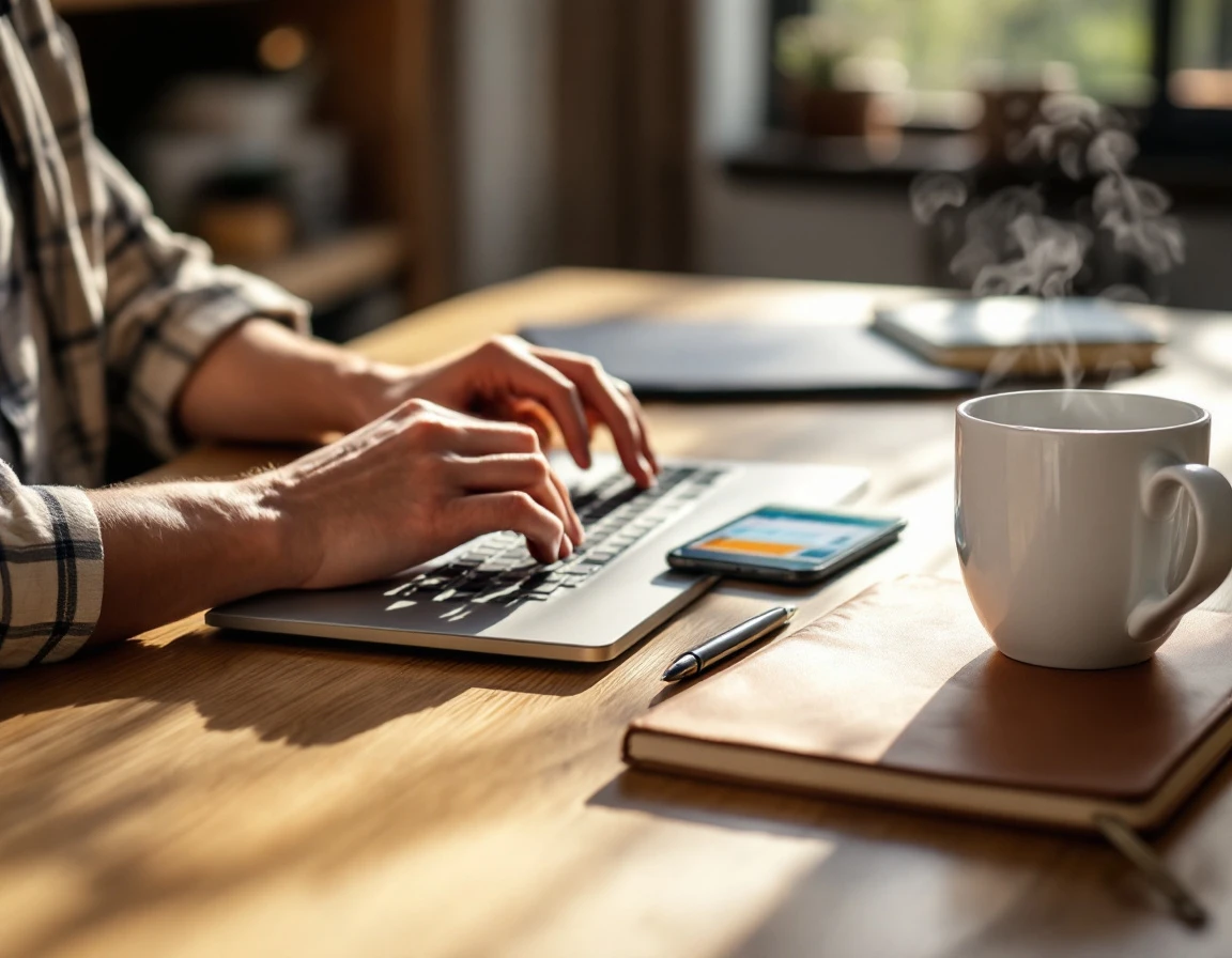 Hands working on laptop showing campground management interface with smartphone and coffee on wooden desk